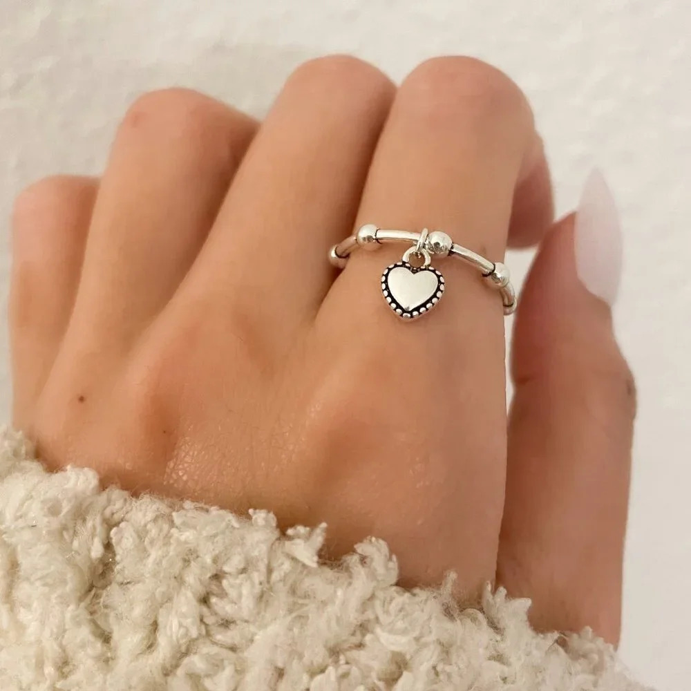 925 Sterling Silver Dangle Heart Ring Dainty Bead… - image 3